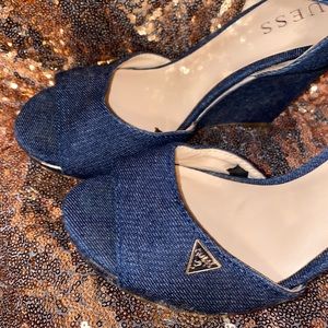 GUESS Dark Blue Jean Wedges with Guess emblem